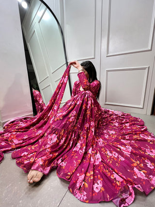 Vibrant Pink Floral Print Ready-To-Wear Gown ClothsVilla