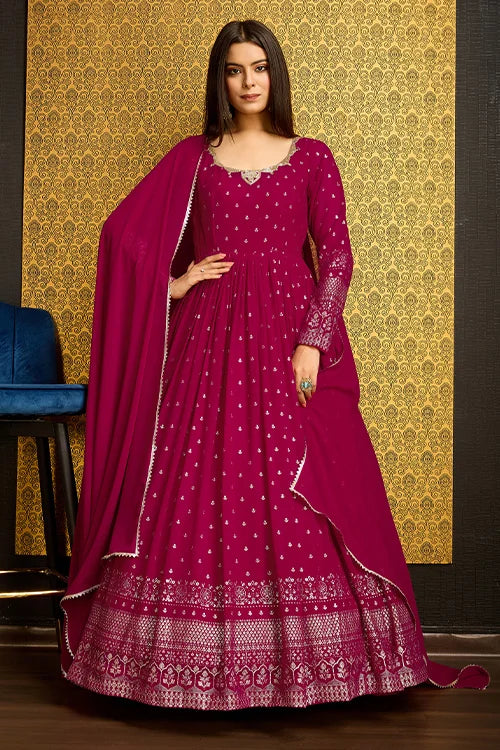 Rani Pink Faux Georgette Anarkali Long Gown with Metallic Foil Work ClothsVilla