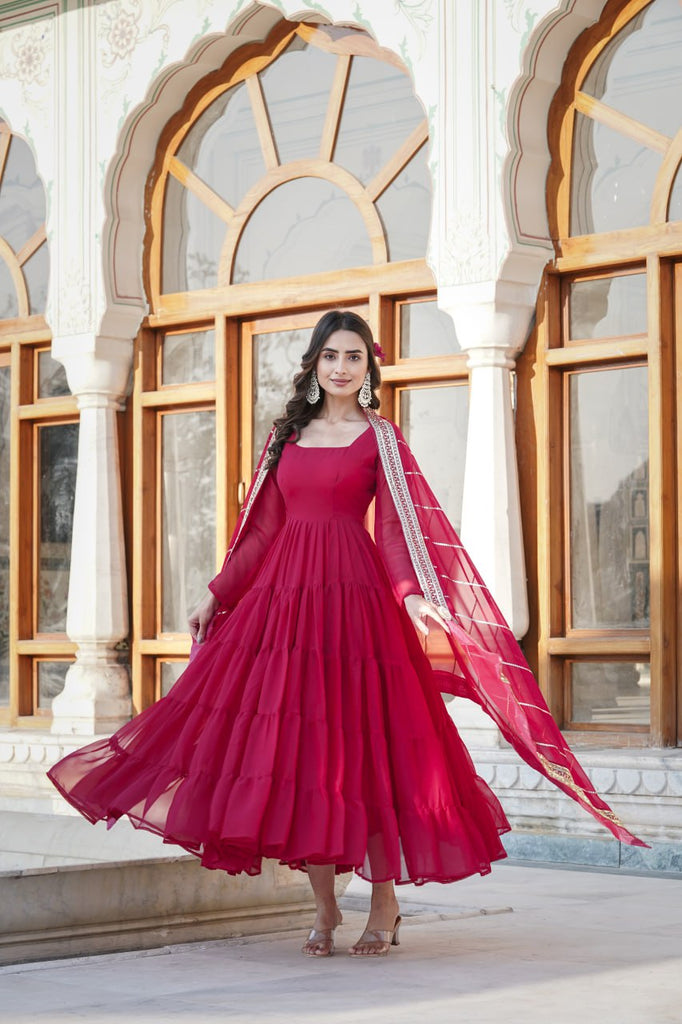 Alluring Rani Pink Faux Georgette Gown with Sequined Dupatta ClothsVilla