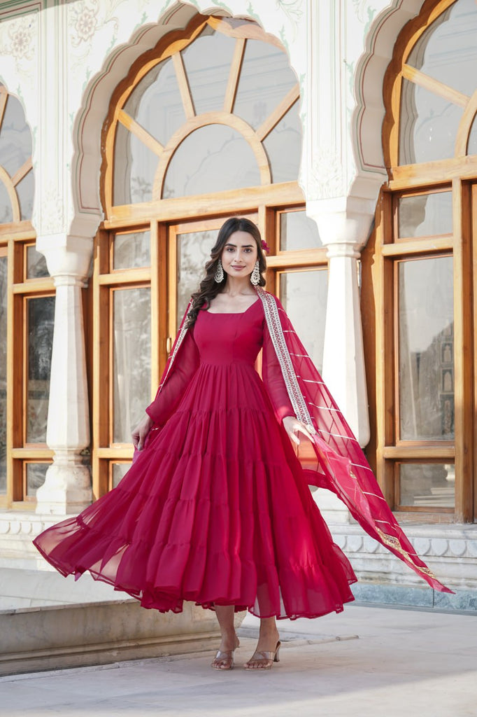 rani pink dresses Rani Pink Color Pure Roman Silk Ruffle Style Anarkali Gown Pravra Enterprise