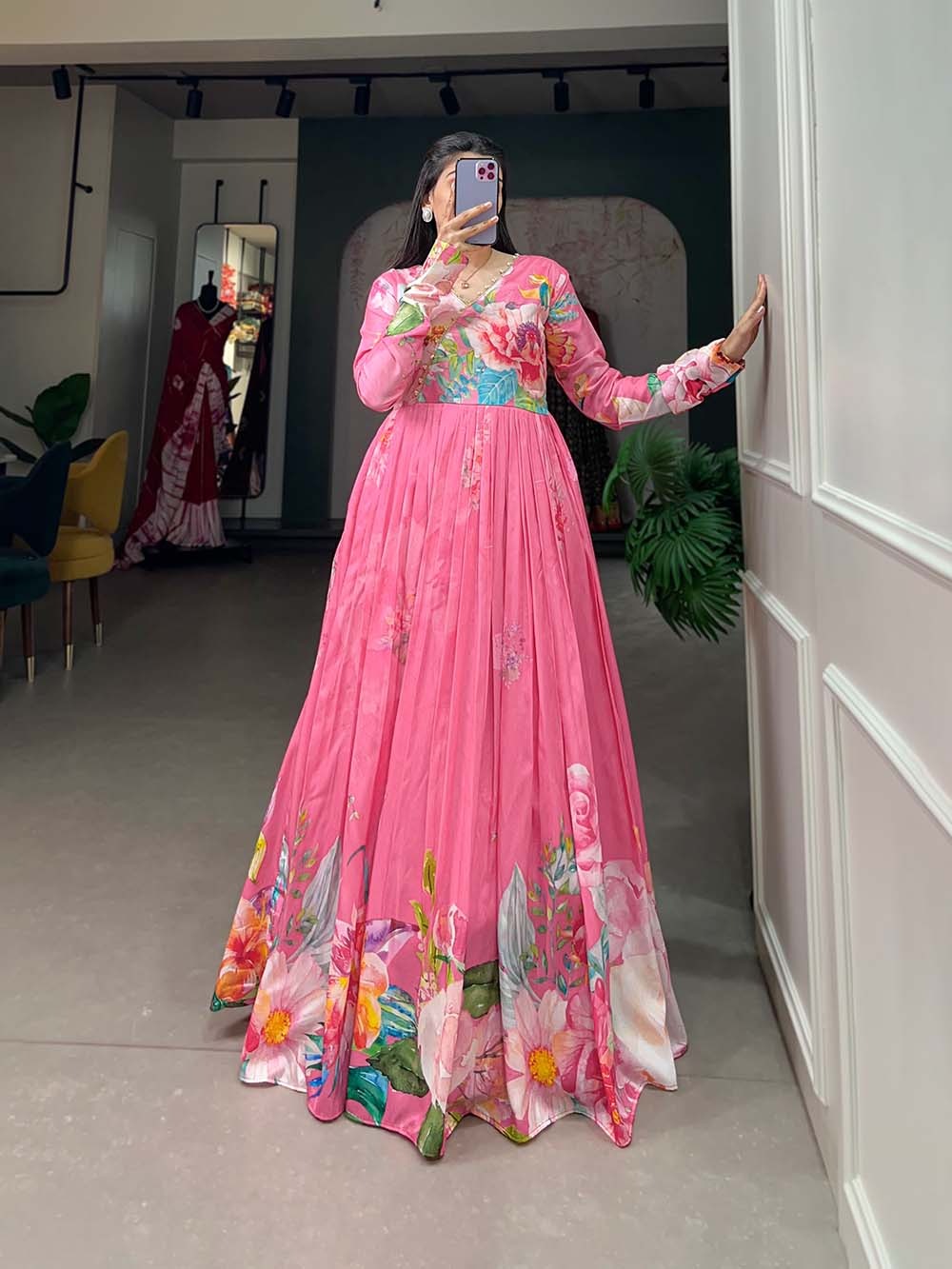 Pink Color Tussar Silk Ready to Wear Gown with Delicate Floral Print ClothsVilla