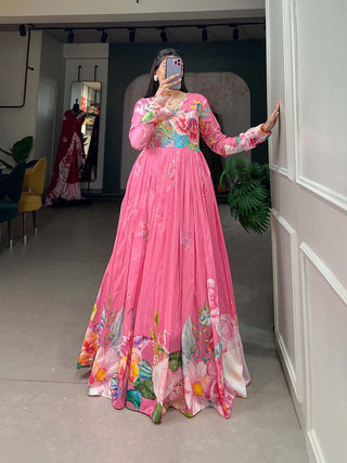 Pink Color Tussar Silk Ready to Wear Gown with Delicate Floral Print ClothsVilla
