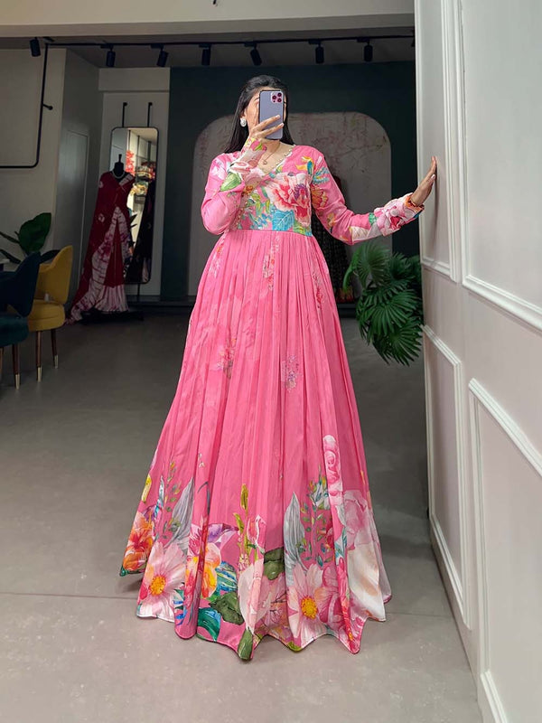 Pink Color Tussar Silk Ready to Wear Gown with Delicate Floral Print ClothsVilla