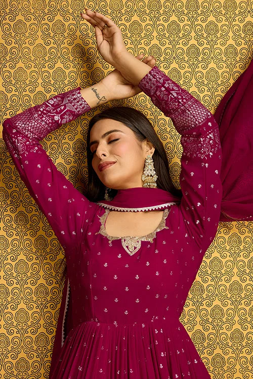 Rani Pink Faux Georgette Anarkali Long Gown with Metallic Foil Work ClothsVilla