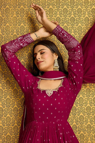 Rani Pink Faux Georgette Anarkali Long Gown with Metallic Foil Work ClothsVilla