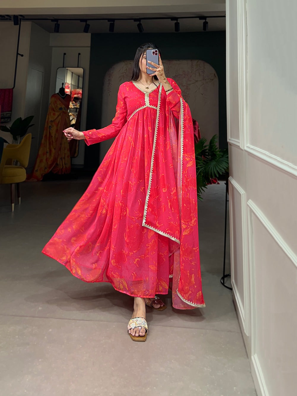 Pink Floral Print Gown with Sequins & Dupatta ClothsVilla