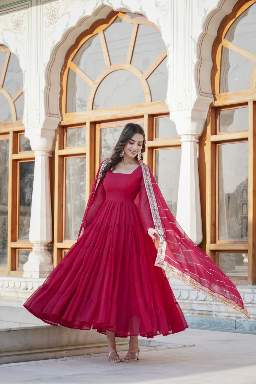 Alluring Rani Pink Faux Georgette Gown with Sequined Dupatta ClothsVilla
