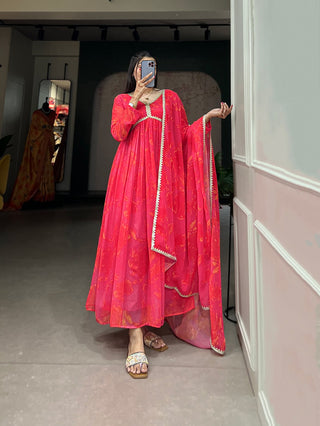Pink Floral Print Gown with Sequins & Dupatta ClothsVilla