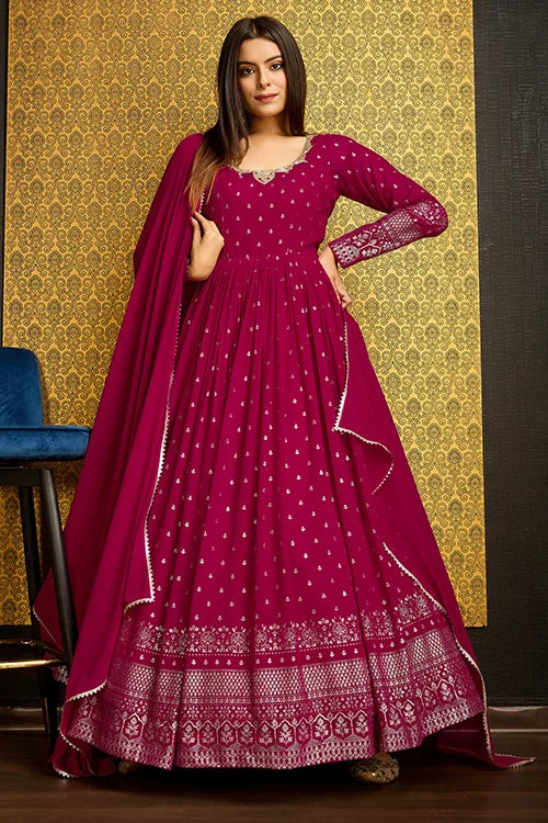 Rani Pink Faux Georgette Anarkali Long Gown with Metallic Foil Work ClothsVilla