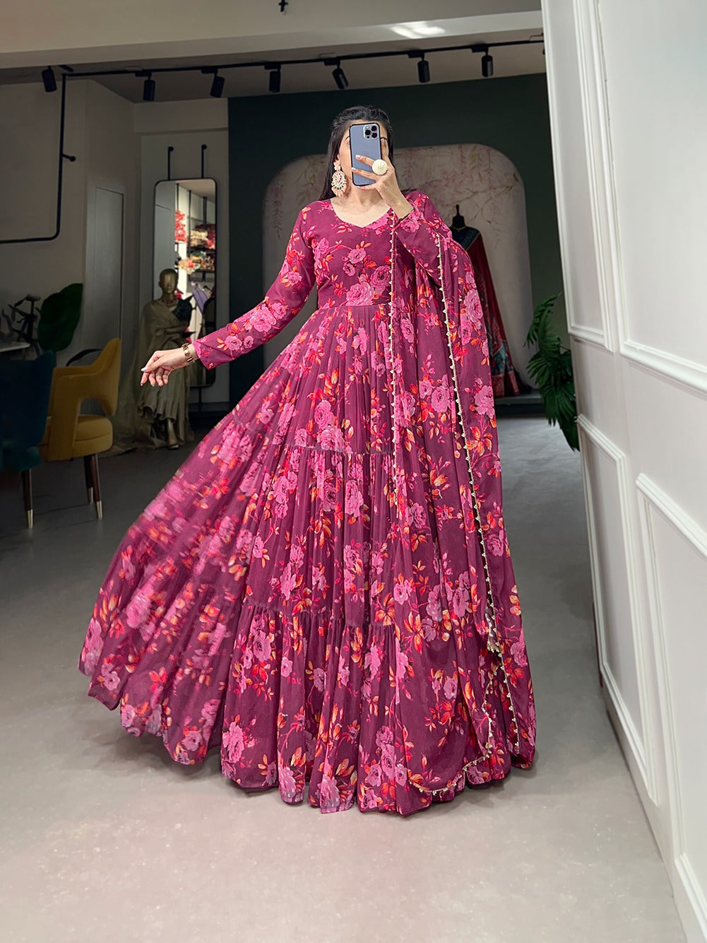 Vibrant Pink Floral Print Ready-To-Wear Gown ClothsVilla