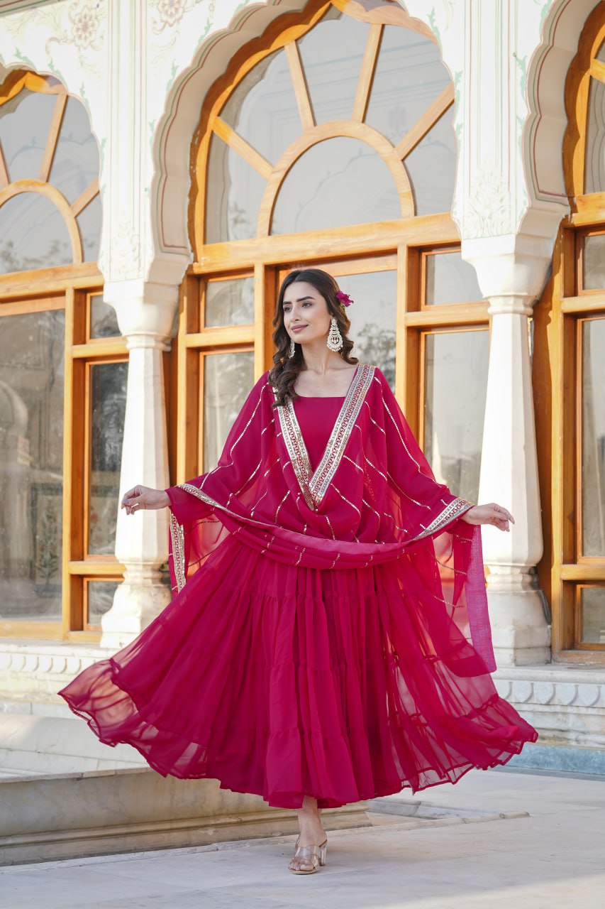Alluring Rani Pink Faux Georgette Gown with Sequined Dupatta ClothsVilla