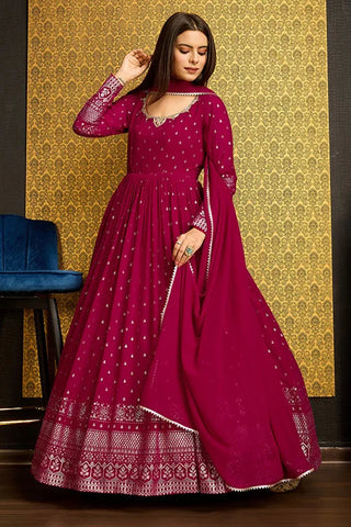 Rani Pink Faux Georgette Anarkali Long Gown with Metallic Foil Work ClothsVilla