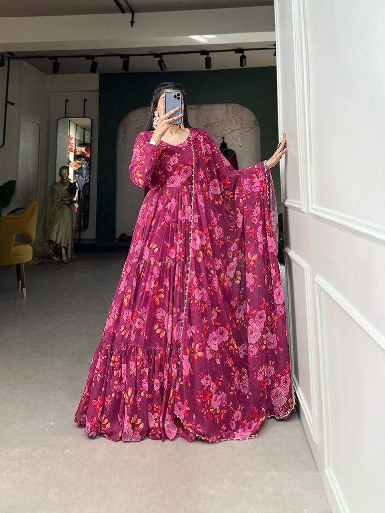 Vibrant Pink Floral Print Ready-To-Wear Gown ClothsVilla
