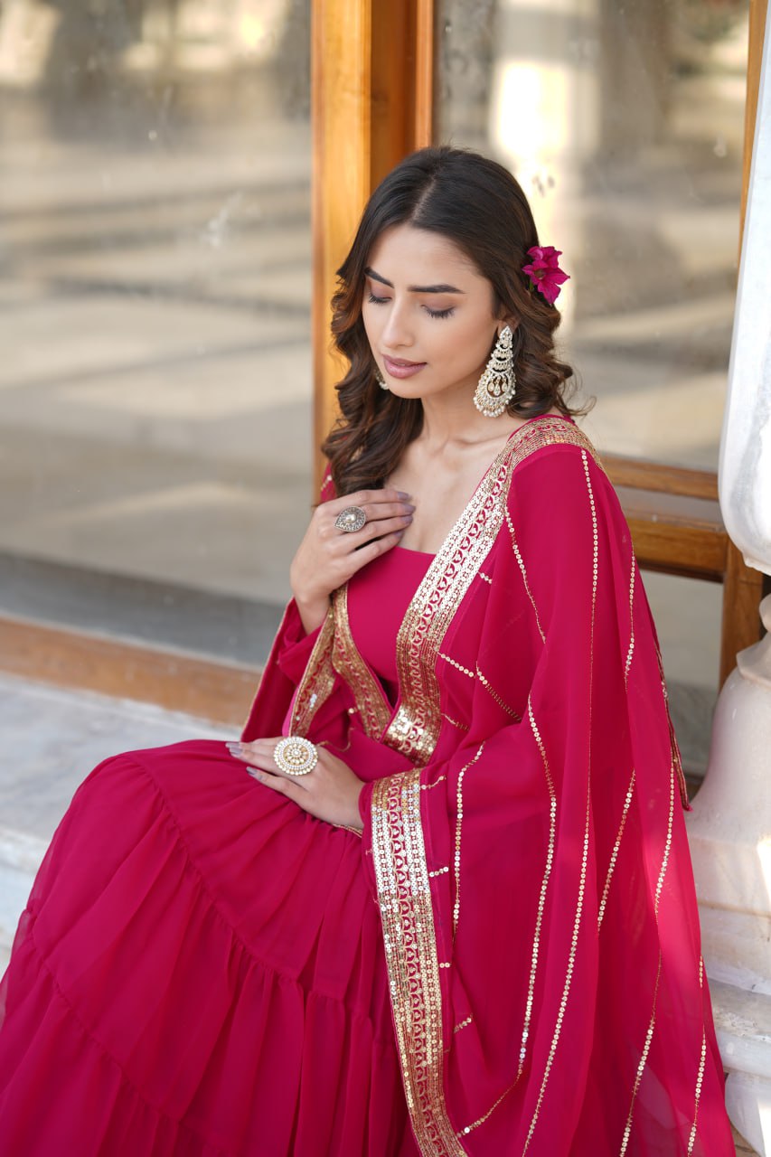 Alluring Rani Pink Faux Georgette Gown with Sequined Dupatta ClothsVilla