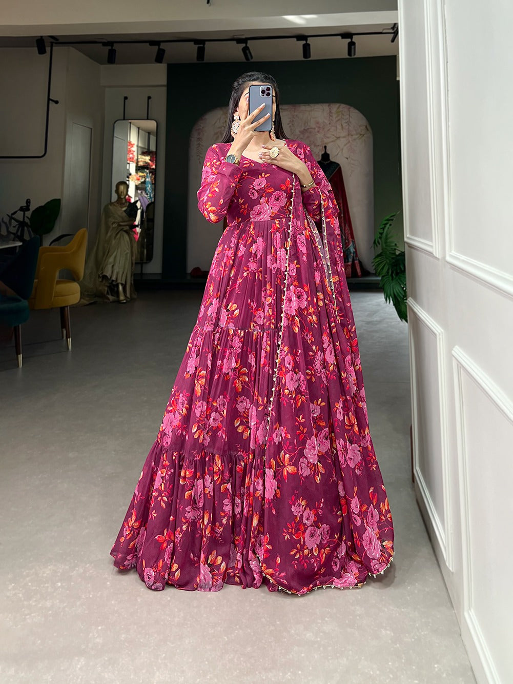 Vibrant Pink Floral Print Ready-To-Wear Gown ClothsVilla