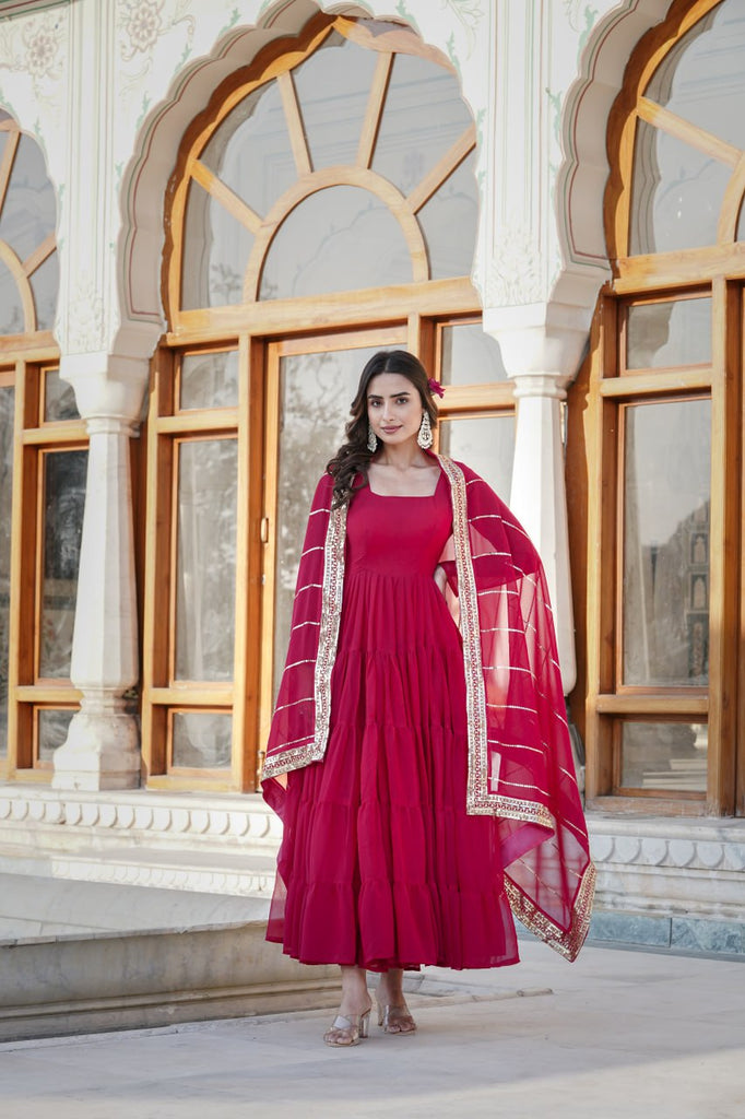 Alluring Rani Pink Faux Georgette Gown with Sequined Dupatta ClothsVilla