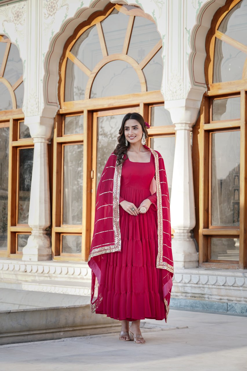 Alluring Rani Pink Faux Georgette Gown with Sequined Dupatta ClothsVilla