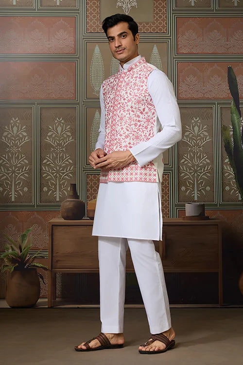 Wedding Pink Koti with White Kurta Pajama Set Clothsvilla
