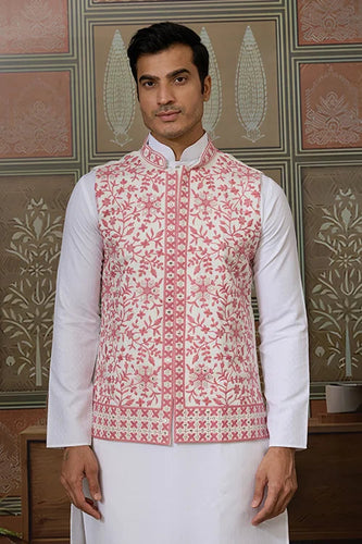 Wedding Pink Koti with White Kurta Pajama Set Clothsvilla