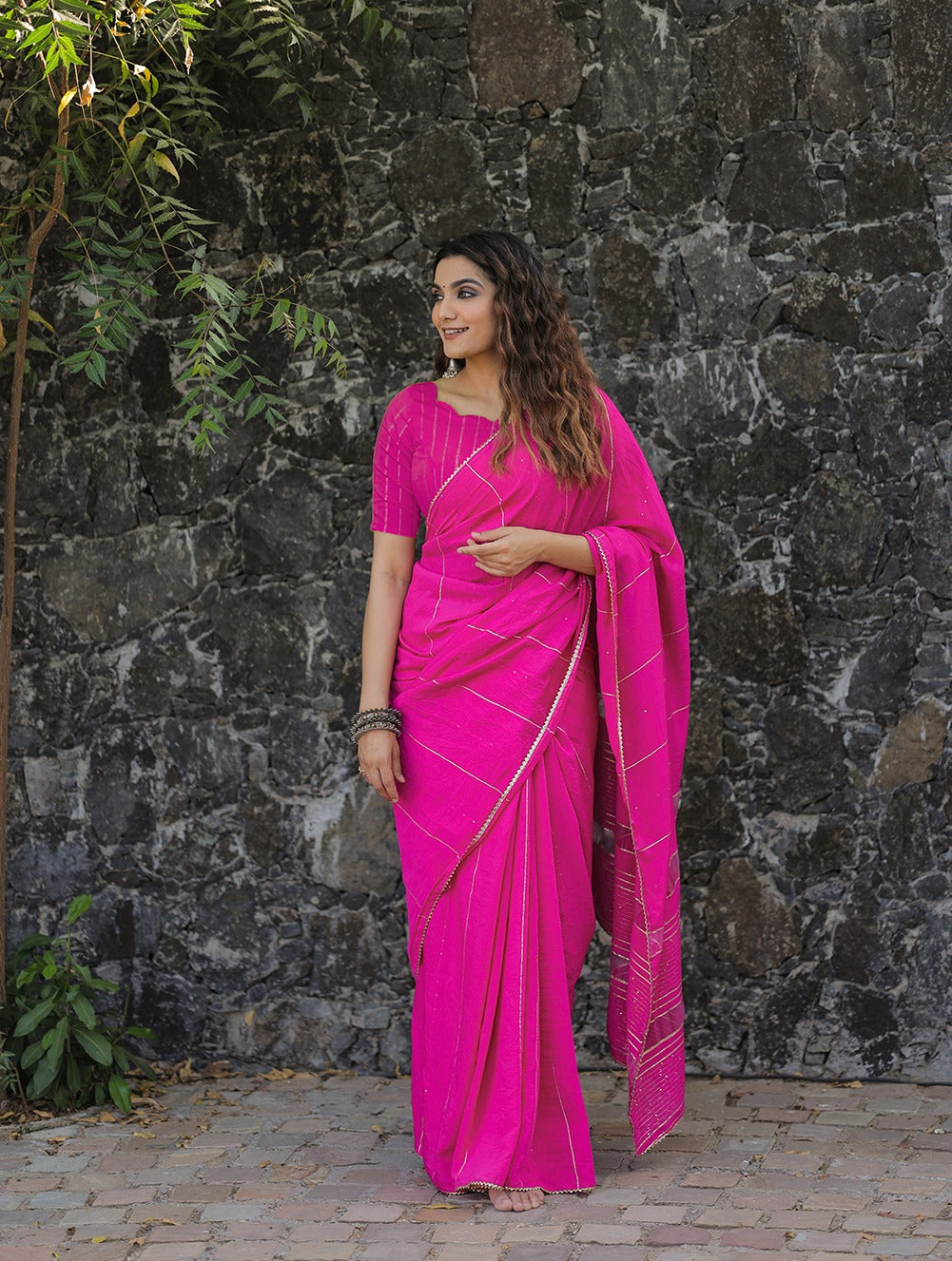 Pink Color Sequins And Zari Work Viscose Chanderi Saree Clothsvilla Main image