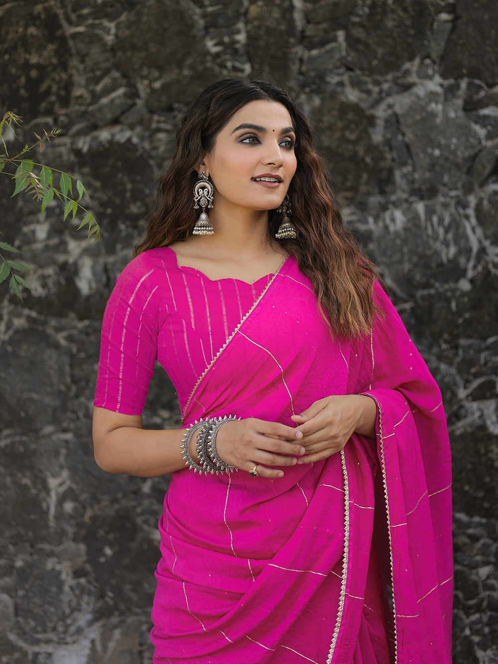 Pink Color Sequins And Zari Work Viscose Chanderi Saree Clothsvilla