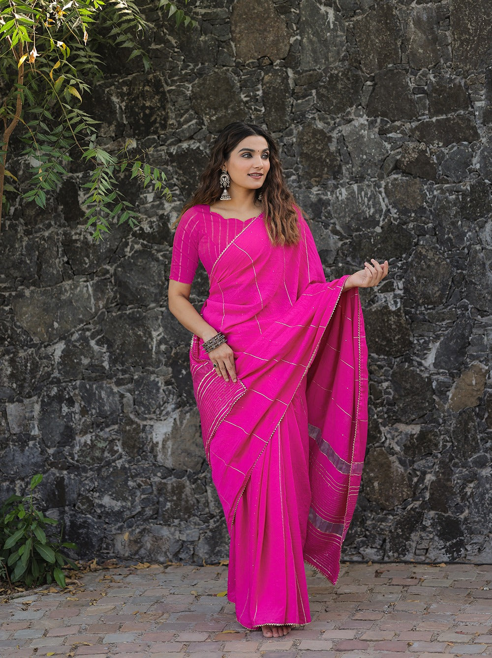Pink Color Sequins And Zari Work Viscose Chanderi Saree Secondary image