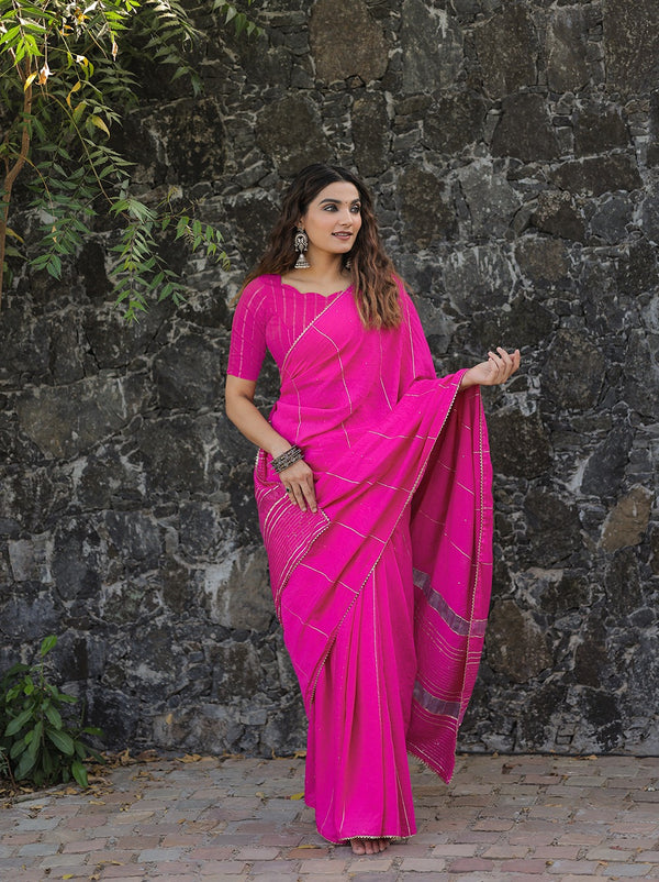 Pink Color Sequins And Zari Work Viscose Chanderi Saree Clothsvilla