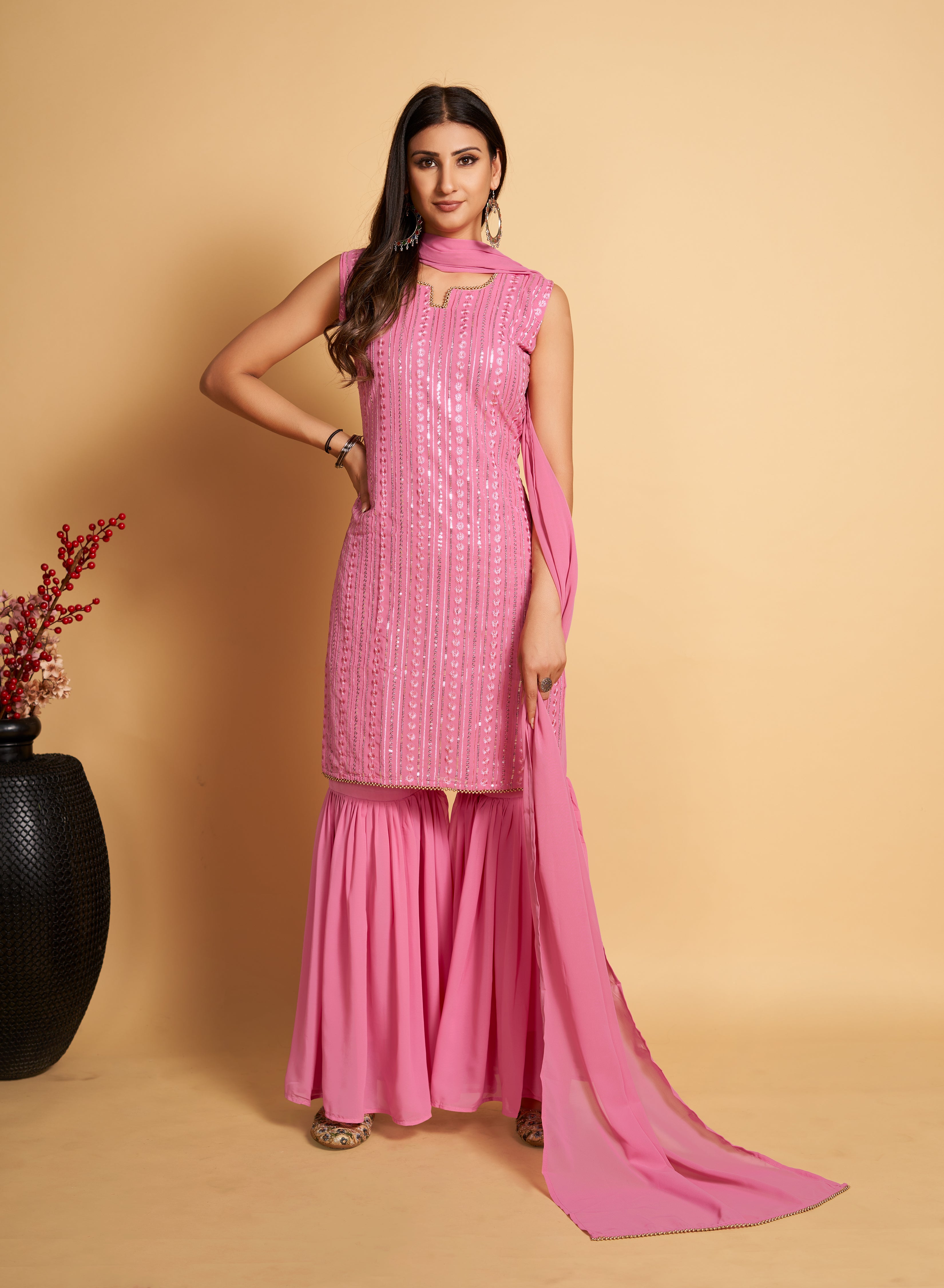 Stunning Pink Designer Sharara Kurti Dupatta Set - Embroidered Faux Georgette & Georgette ClothsVilla Main image