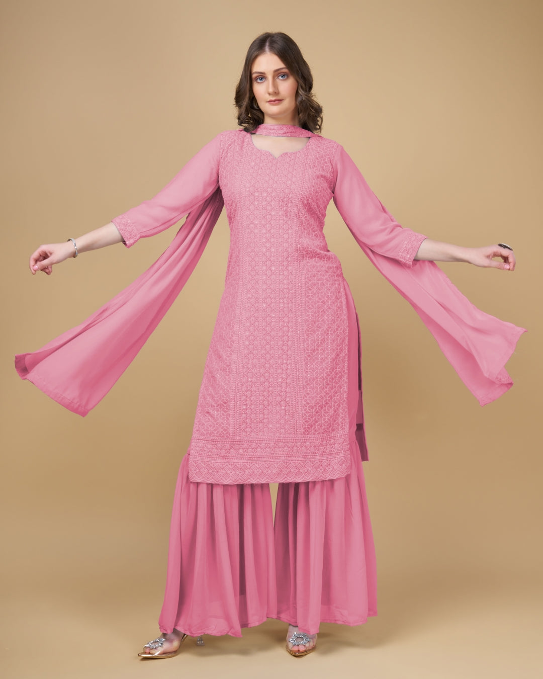 Stunning Faux Georgette Sharara Kurti Dupatta Set - Embroidered Elegance ClothsVilla