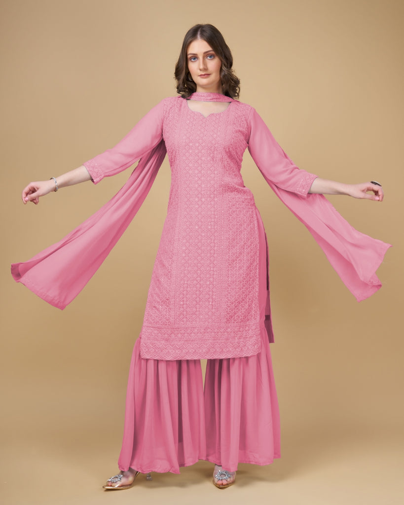 Stunning Faux Georgette Sharara Kurti Dupatta Set - Embroidered Elegance ClothsVilla