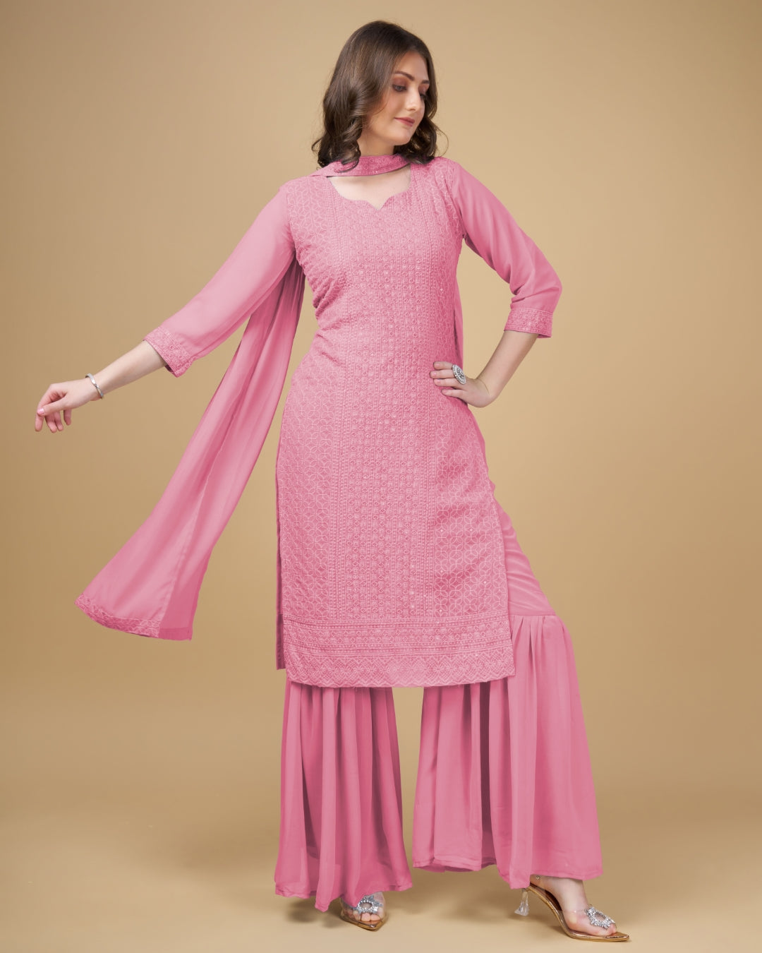 Stunning Faux Georgette Sharara Kurti Dupatta Set - Embroidered Elegance ClothsVilla