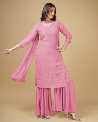 Stunning Faux Georgette Sharara Kurti Dupatta Set - Embroidered Elegance ClothsVilla