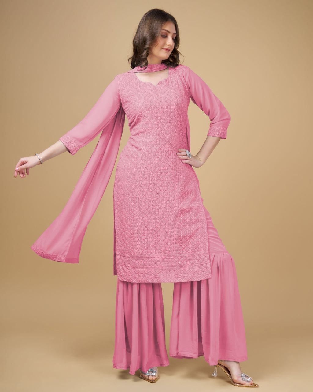 Stunning Faux Georgette Sharara Kurti Dupatta Set - Embroidered Elegance ClothsVilla