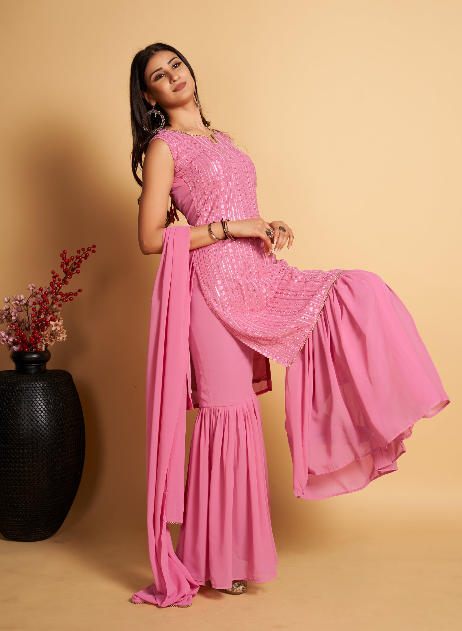 Stunning Pink Designer Sharara Kurti Dupatta Set - Embroidered Faux Georgette & Georgette ClothsVilla