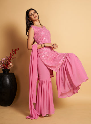 Stunning Pink Designer Sharara Kurti Dupatta Set - Embroidered Faux Georgette & Georgette ClothsVilla