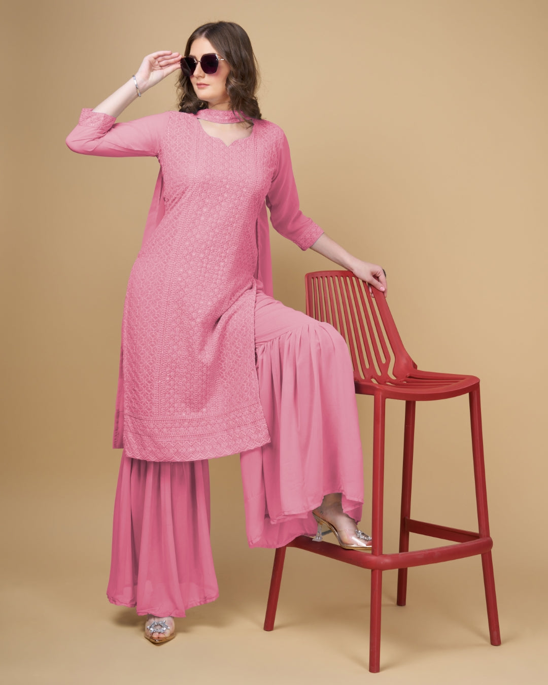 Stunning Faux Georgette Sharara Kurti Dupatta Set - Embroidered Elegance ClothsVilla