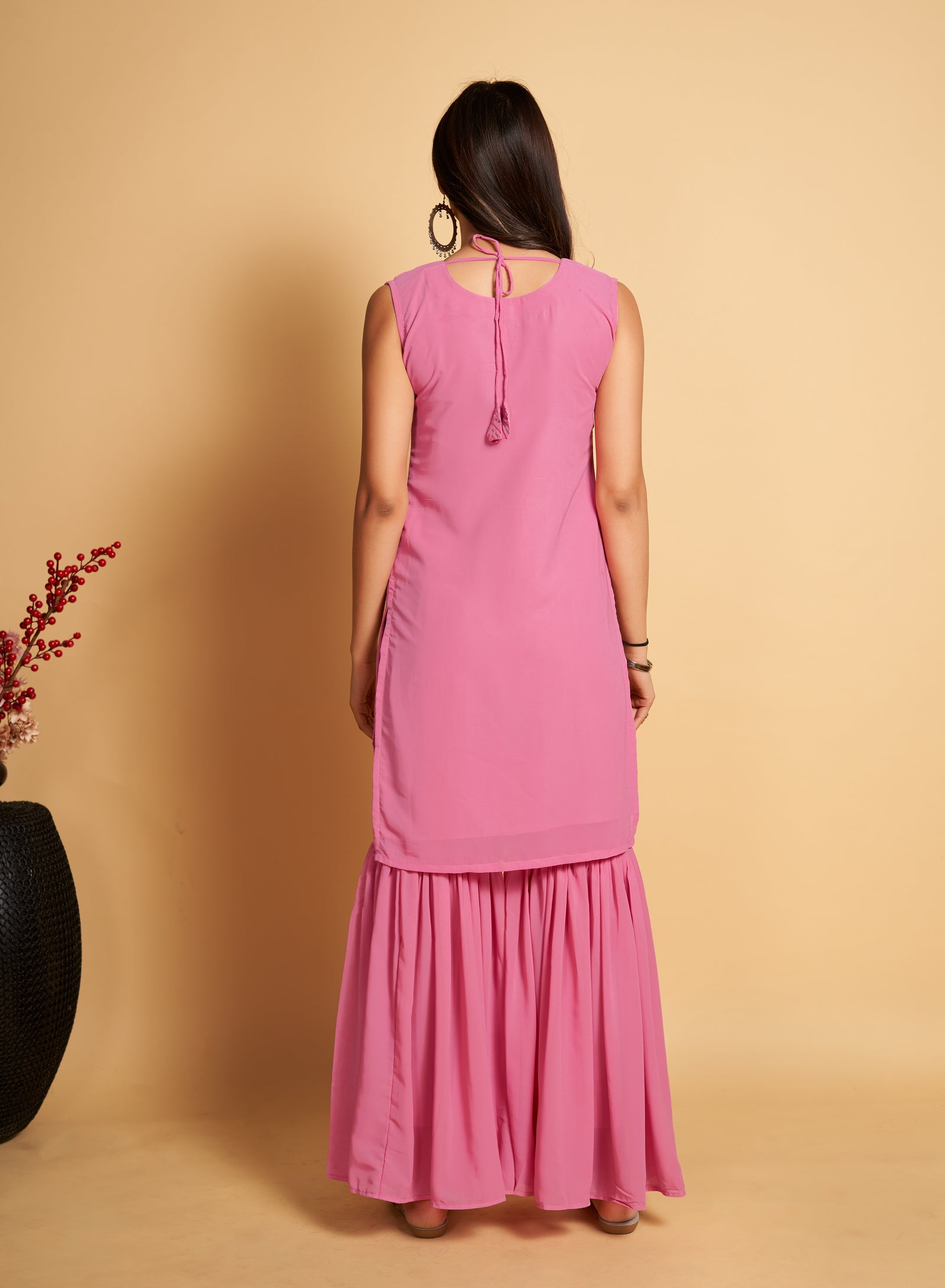 Stunning Pink Designer Sharara Kurti Dupatta Set - Embroidered Faux Georgette & Georgette ClothsVilla