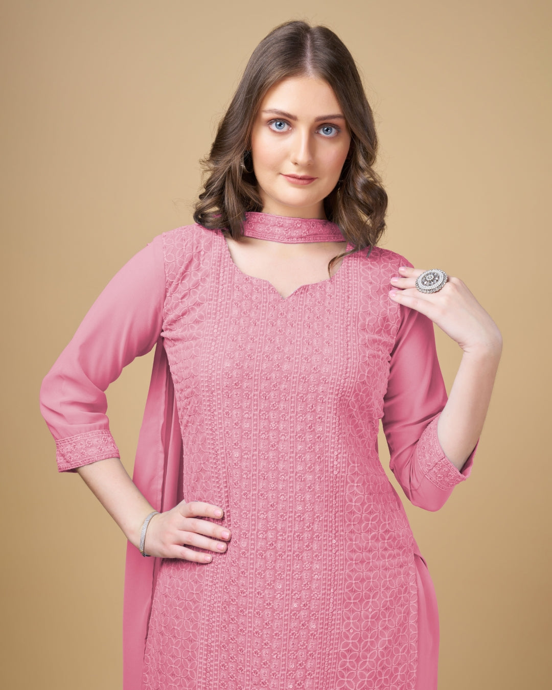 Stunning Faux Georgette Sharara Kurti Dupatta Set - Embroidered Elegance ClothsVilla