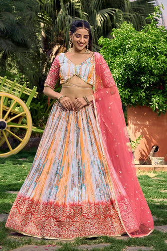 Pink Chinon Zari & Sequins Embroidered With Digital Print Work Lehenga Choli Clothsvilla