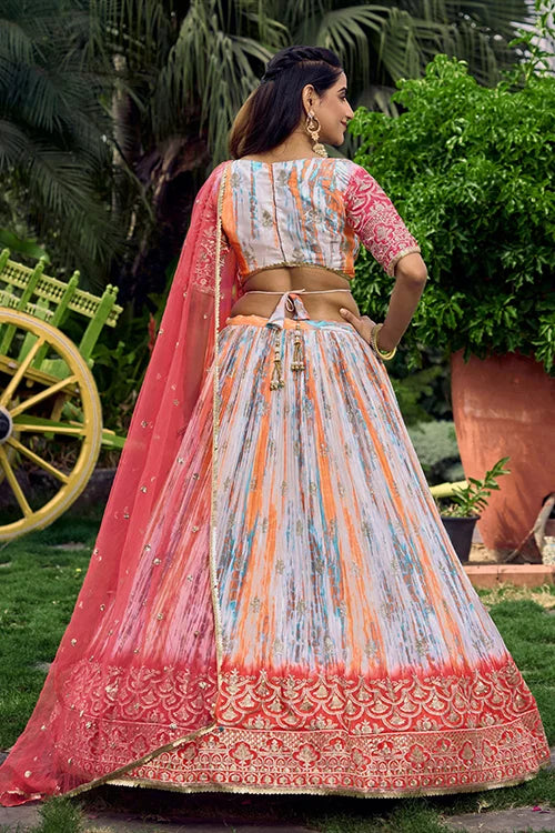 Pink Chinon Zari & Sequins Embroidered With Digital Print Work Lehenga Choli Clothsvilla