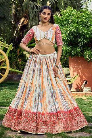 Pink Chinon Zari & Sequins Embroidered With Digital Print Work Lehenga Choli Clothsvilla