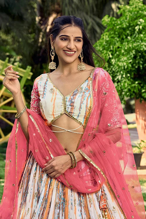 Pink Chinon Zari & Sequins Embroidered With Digital Print Work Lehenga Choli Clothsvilla