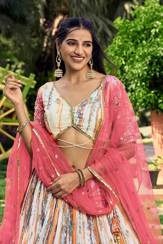 Pink Chinon Zari & Sequins Embroidered With Digital Print Work Lehenga Choli Clothsvilla