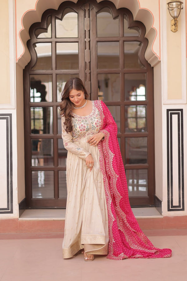 Cream Trending Cosmos Jacquard Gown with Bandhani Cut-Work Dupatta  Pearl Beads Embroidery Full-Stitched Elegance Clothsvilla