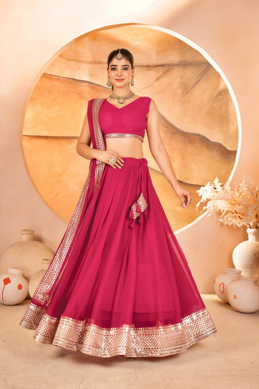 Pink Designer Dyeable Faux Blooming Lehenga Choli with 7mm Sequins Embroidery & Lace-Border Dupatta ClothsVilla