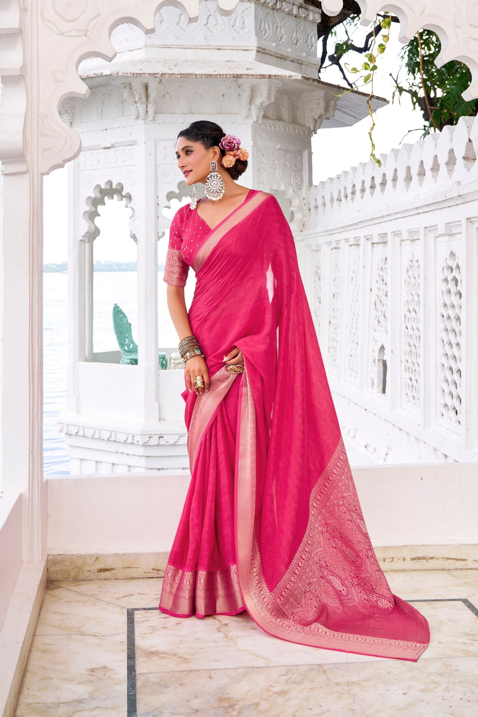 Pink Elegant Chinon Saree with Self Print & Zari Weaving Work Unstitched Blouse Included ClothsVilla