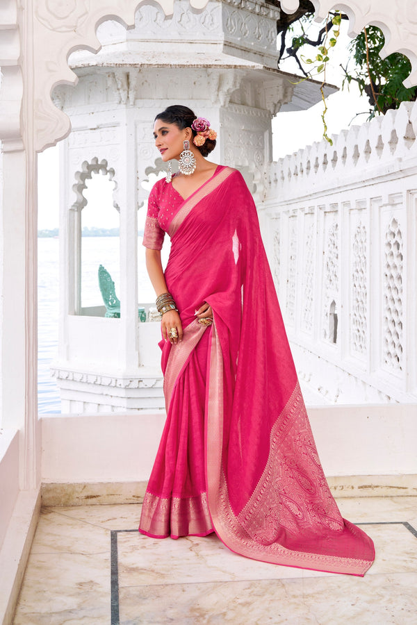 Pink Elegant Chinon Saree with Self Print & Zari Weaving Work Unstitched Blouse Included ClothsVilla
