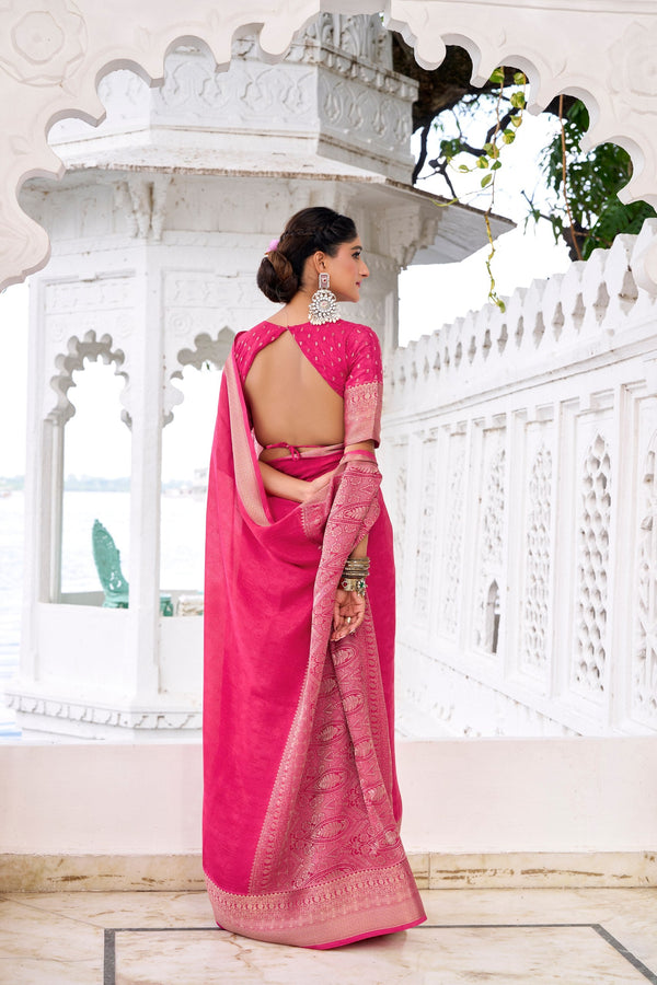 Pink Elegant Chinon Saree with Self Print & Zari Weaving Work Unstitched Blouse Included ClothsVilla