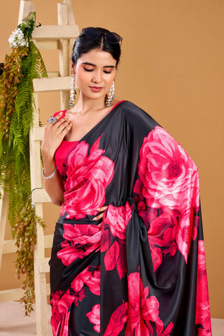 Pink Elegant Floral Print Satin Silk Saree with Plain Banglory Blouse Piece ClothsVilla