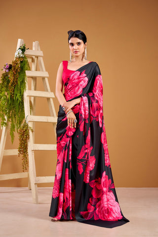 Pink Elegant Floral Print Satin Silk Saree with Plain Banglory Blouse Piece ClothsVilla